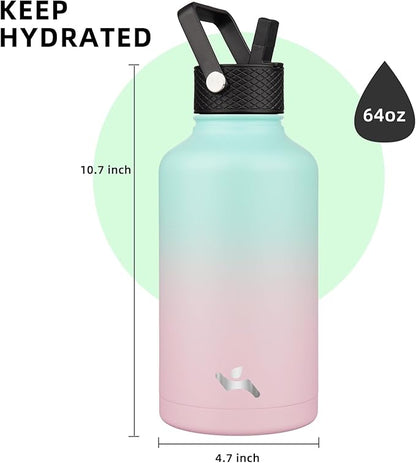 Half Gallon Insulated Water Bottle with Straw,64 oz 3 Lids Water Jug with Carrying Bag,Paracord Handle,Double Wall Vacuum Stainless Steel Metal Flask,Gum