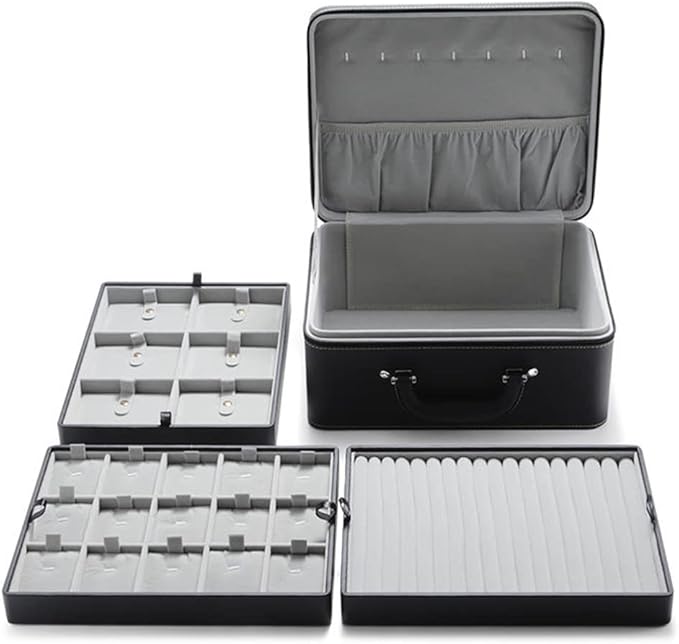 Jewelry Box Carriable Large Commercial Organizer Faux-Leather Accessory Case Storage with Handle Zipper Trays for Women Men Jeweler(L3-BK)