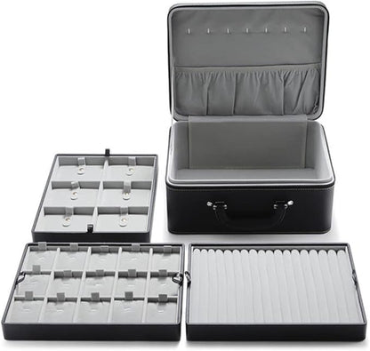 Jewelry Box Carriable Large Commercial Organizer Faux-Leather Accessory Case Storage with Handle Zipper Trays for Women Men Jeweler(L3-BK)