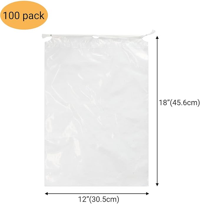 100 Pack 12x18 inch Plastic Drawstring Bags Transparent Shoe Bags for Travel Large Clear Shoes Storage Organizers Pouch with Cotton Draw Strings Shoe Dust Bags