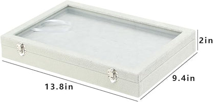 Coward Ring Organizer Jewelry Tray Box, Grey Beige Velvet 100 Slots Ring Display Tray Case with Transparent Glass Lid for Home Use or Store Selling Show