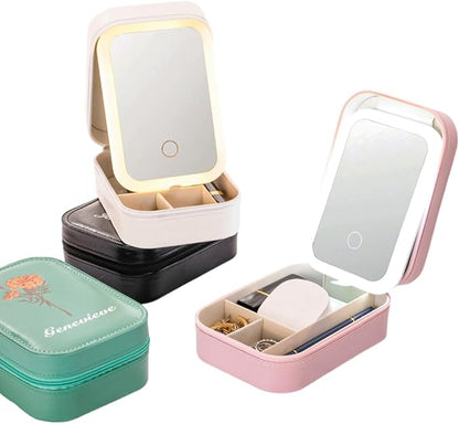 Custom Birth Flower Travel Makeup Bag With LED Mirror Leather Personalized Name Makeup Organizer Portable Jewelry Organizer Case Birthday Christmas Gifts For Women Daughter Mother