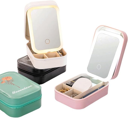 Custom Jewelry Box With LED Light and Makeup Mirror Leather Travel Jewelry Case Organizer Personalized Birth Flower Name Jewelry Boxes For Women