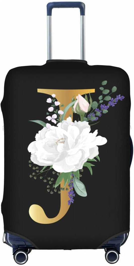 Flower Letter J Black Luggage Cover Elastic Washable Stretch Suitcase Protector Anti-Scratch Travel Suitcase Cover for Kid and Adult S (18-21 inch suitcase)