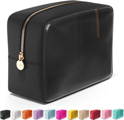 Embla Clear Cosmetic Bag Makeup Case, Clear Zipper Make Up Pouch and Toiletry Travel Tote, Cute Skincare Pouches for Women Girls, Preppy Purse Cosmetic Organizer, Large Makeup Bags, Black