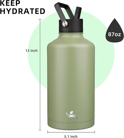 Insulated Water Bottle with Straw,87 oz 3 Lids Water Jug with Carrying Bag,Paracord Handle,Double Wall Vacuum Stainless Steel Metal Flask,Camp Green