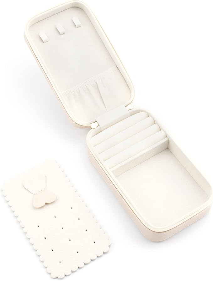 Small Travel Jewelry Organizers Box for women with PU Leather Portable Mini Jewelry Case with compartments for Necklace Rings Earrings,Luxury Giftable boxes. (Pearl White, M)