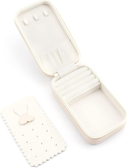 Small Travel Jewelry Organizers Box for women with PU Leather Portable Mini Jewelry Case with compartments for Necklace Rings Earrings,Luxury Giftable boxes. (Pearl White, M)