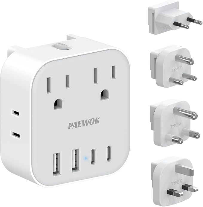 European Travel Plug Adapter Set, 8-in-1 Travel Adapter with 4 Outlets, 4 USB Ports (2 USB C), US to UK/EU/South Africa, International Power Adapter with Type C/G/D/M Detachable Plugs