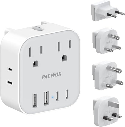 European Travel Plug Adapter Set, 8-in-1 Travel Adapter with 4 Outlets, 4 USB Ports (2 USB C), US to UK/EU/South Africa, International Power Adapter with Type C/G/D/M Detachable Plugs