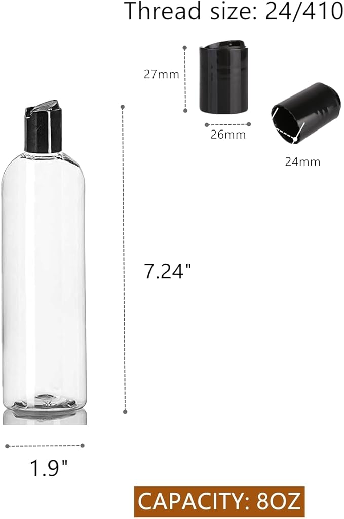 24 Pack 8oz Clear Plastic Empty Bottles, Refillable Travel Containers with Disc Top Flip Caps, Squeezable Shampoo Bottles for Toiletries Liquid Soap, Lotions, Cream, Creams, BPA Free