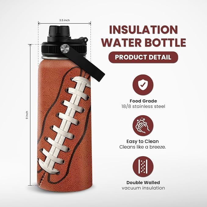 Football Water Bottle - 32oz Insulated Stainless Steel Sports Bottles - Gifts for Men Football Lovers Fan Players