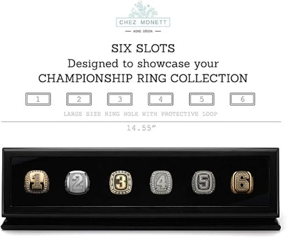 CHEZ MONETT 6-Slot Championship Ring Display Case – Sports Ring Holder Box (Matt Black, 6)