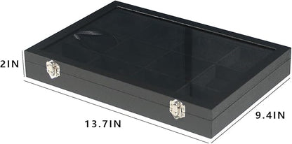 Coward Jewelry Organizer Box, Black Velvet 12 Grids Bracelet Bangle Necklace Jewelry Display Tray Case with Transparent Glass Lid for Home Drawer Desk or Store Selling Show
