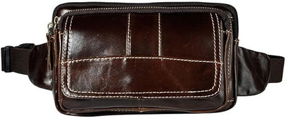 Rugged Pull-Up Leather Waist Bag for Men Full Grain Vintage Outdoor Compact Hip Pouch with Gift Box (Coffee)