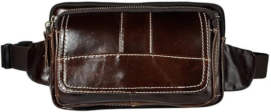 Rugged Pull-Up Leather Waist Bag for Men Full Grain Vintage Outdoor Compact Hip Pouch with Gift Box (Coffee)