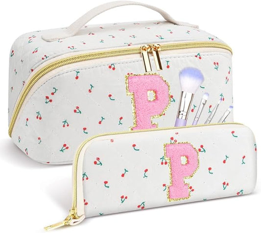 Personalized Travel Makeup Bag Set,Initial Travel Cute Cherry Makeup Organizer Bag,Toiletry Skincare Cosmetic Bag,Christmas Gifts for Women/Girls,Open Flat Toiletry Pouch with Brush Pocket-P