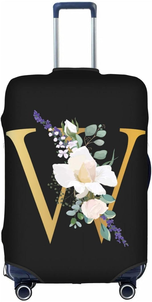 Flower Letter W Black Luggage Cover Elastic Washable Stretch Suitcase Protector Anti-Scratch Travel Suitcase Cover for Kid and Adult XL (29-32 inch suitcase)