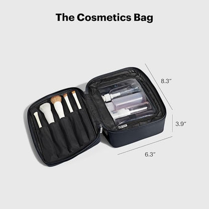 Away Cosmetics Bag, Makeup Bag with Detachable Brush Roll, Waterproof, Clear Zip Pockets, Travel Friendly, Jet Black