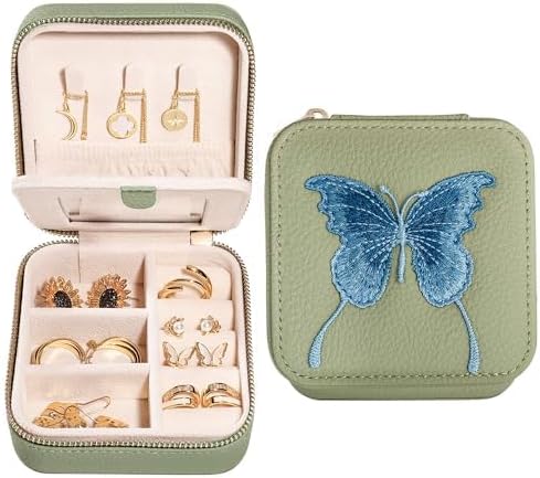 S.Leaf Travel Jewelry Organizer Boxes for Women Small Portable Necklace Earrings Bracelet Rings Travel Case Best Friend Birthday Gifts for Women Trendy (Butterfly_Fadegreen_Gray)
