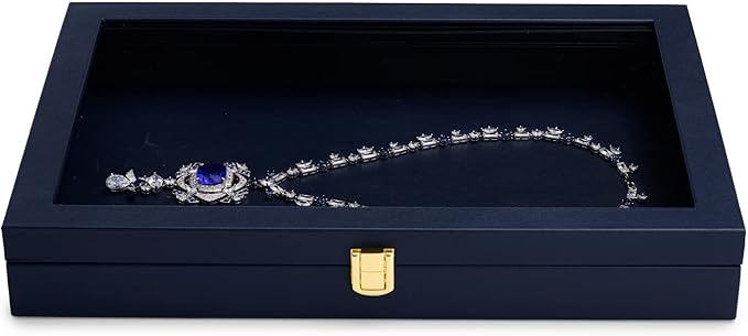 Oirlv Premium Blue Leather Flat Jewelry Tray with Acrylic Lid Jewelry Organizer Case Showcase Big Necklace Display Organizer Box with Locks for Security