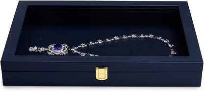 Oirlv Premium Blue Leather Flat Jewelry Tray with Acrylic Lid Jewelry Organizer Case Showcase Big Necklace Display Organizer Box with Locks for Security