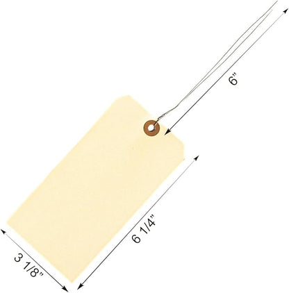 100 Large Manila Paper Tags with Wire Attached – # 8, 6 1/4" x 3 1/8" – Manilla Shipping Tags with Reinforced Eyelet and Metal Wire, Labels with Ties