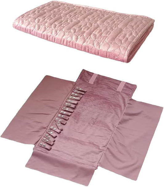 Portable Jewelry Organizers and Storage Travel Holder Necklace Roll - Pink Velvet Embroidery Foldable Case for 16 Necklaces & Chains