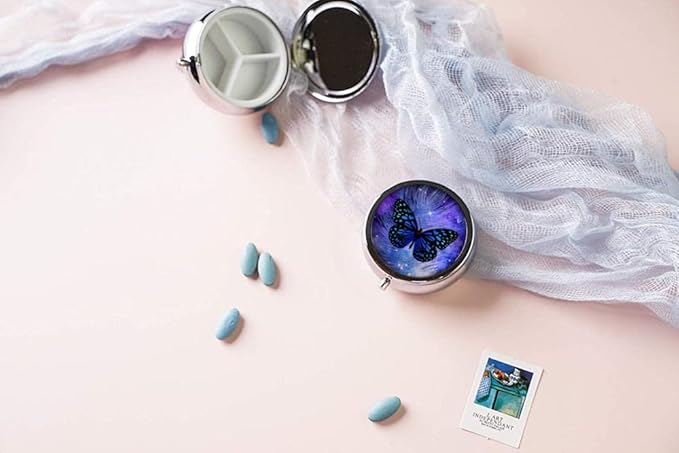 Pill Box,Butterfly Purple Galaxy Feather Round Pill Box 3 Compartment Decorative Pocket Purse Portable Mini Travel Medicine Tablet Vitamin Holder Organizer Pill Case