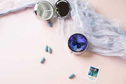 Pill Box,Butterfly Purple Galaxy Feather Round Pill Box 3 Compartment Decorative Pocket Purse Portable Mini Travel Medicine Tablet Vitamin Holder Organizer Pill Case
