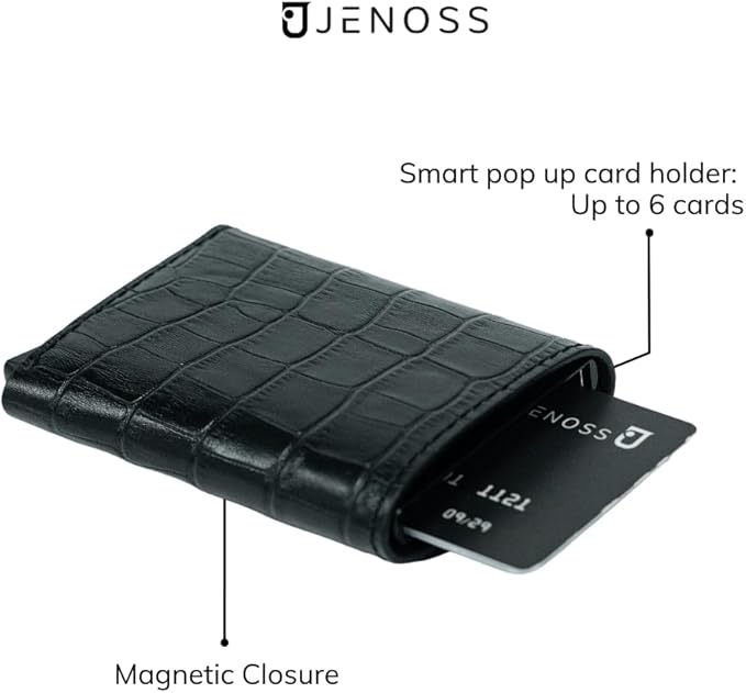 Jenoss Smart Wallet For Men: Full Grain Leather, Handcrafted, Slide Metal Pop Up Case, Slim RFID Blocking Credit Card Holder, Minimalist, Compact, 6-8 Cards Organizers, Front Pocket, Money Clip (Navy)