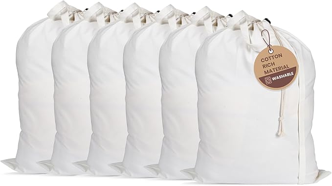 LFH Home Cotton Canvas Large Laundry Bag with Handle, Heavy Duty Drawstring Closure Washable Laundry Bags, School Travel, Home, Hotel, College Dorm, Organizer Sack, Toy Clothes 28x40 (Pack of 6)-White