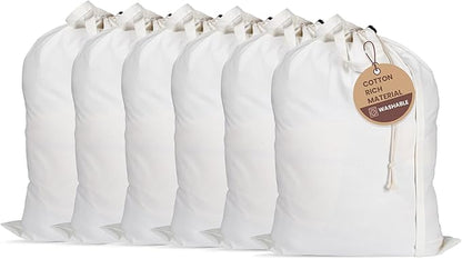 LFH Home Cotton Canvas Large Laundry Bag with Handle, Heavy Duty Drawstring Closure Washable Laundry Bags, School Travel, Home, Hotel, College Dorm, Organizer Sack, Toy Clothes 28x40 (Pack of 6)-White