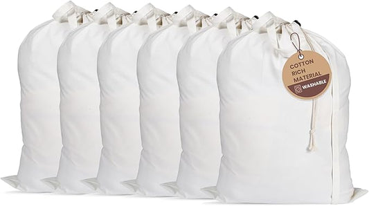 LFH Home Cotton Canvas Large Laundry Bag with Handle, Heavy Duty Drawstring Closure Washable Laundry Bags, School Travel, Home, Hotel, College Dorm, Organizer Sack, Toy Clothes 28x40 (Pack of 6)-White