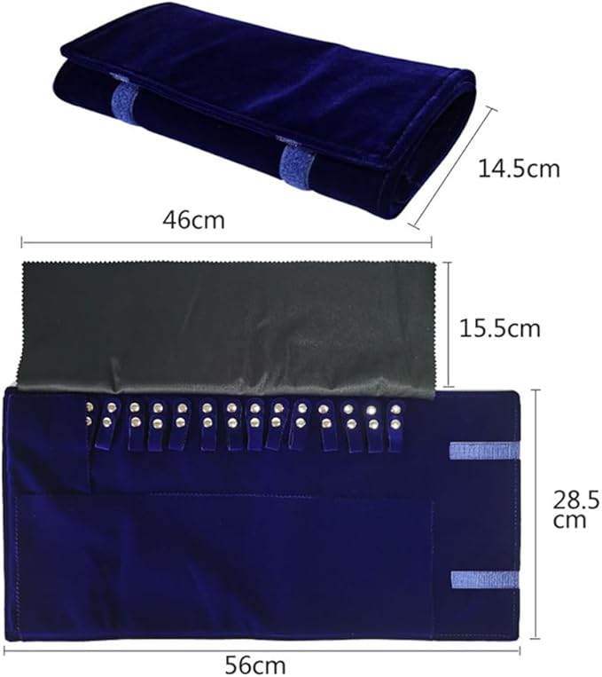 Velet Travel Jewelry Case Roll Bag Organizer for Necklace Bracelet Black Gray Velvet (Blue)