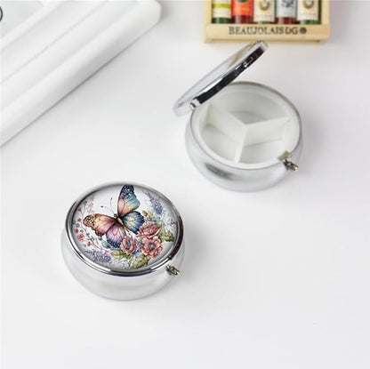 Pill Box,Vintage Butterfly Floral Round Pill Box 3 Compartment Decorative Pocket Purse Portable Mini Travel Medicine Tablet Vitamin Holder Organizer Pill Case