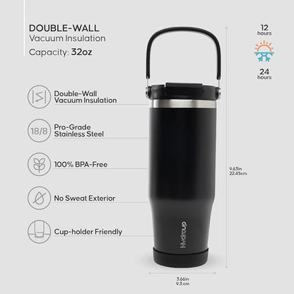 Sport Tumbler 32oz Stainless Steel Water Bottle, Vacuum Insulated with 2-in-1 Lid (Straw & Spout), Leak-Proof Reusable Travel Mug for Hot and Cold Drinks