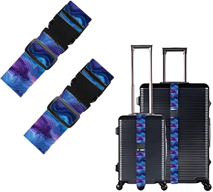 2PC,Galaxy Pattern Luggage Strap 1.97 x 70.84 inch Blue Purple Abstract Design Adjustable Suitcase Belt Durable Nylon Baggage Identifier for Cosmic Travel Style