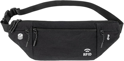 Travel Money Belt for Men and Women hidden slim passport holder - travel wallet with RFID blocking under clothes to protect Cash, Credit Cards and Documents (BLACK)