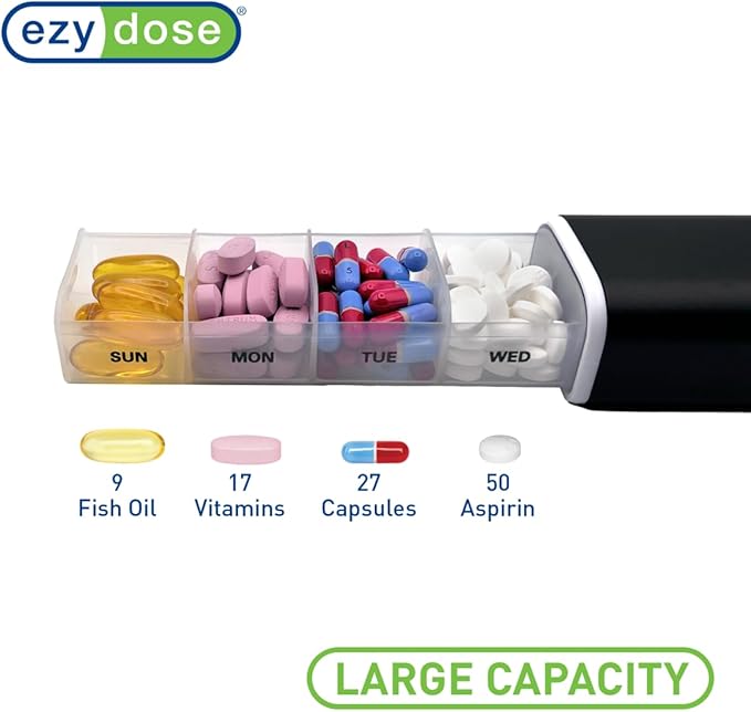 EZY DOSE Slide Pill Organizer, Stylish Medication Storage Case with Durable BPA-Free Plastic with Aluminum Exterior, Large 7-Day Weekly Compartments, Tablets, Vitamins, Compact, 9-Inch, Black