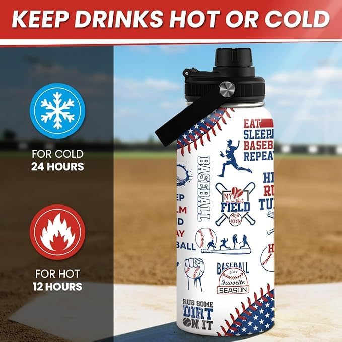 Baseball Water Bottle - 32oz Stainless Steel Insulated Sport Bottles with Lid - Gift for Men Baseball Lover Player Fan Coach