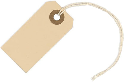 100 Small Manila Paper Tags with String - #1, 2 3/4” x 1 3/8” - Hang Shipping Labels with String Attached and Reinforced Hole, Pre-Strung Tags