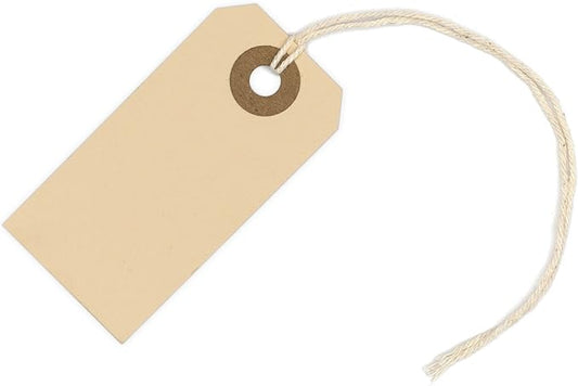 100 Small Manila Paper Tags with String - #1, 2 3/4” x 1 3/8” - Hang Shipping Labels with String Attached and Reinforced Hole, Pre-Strung Tags