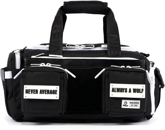 WOLFpak 20L Mini Duffle Bag for Gym & Travel | Waterproof Carry-On Weekender Bag with Shoe Compartment, Hard Bottom, and Tactical Molle System (Black with White Accents)