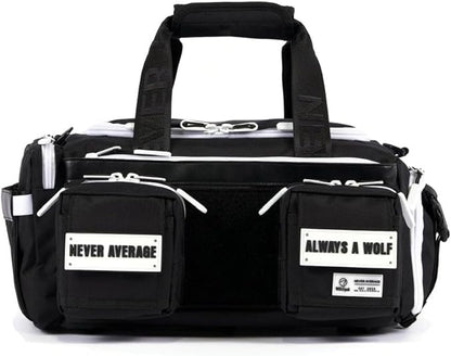 WOLFpak 20L Mini Duffle Bag for Gym & Travel | Waterproof Carry-On Weekender Bag with Shoe Compartment, Hard Bottom, and Tactical Molle System (Black with White Accents)