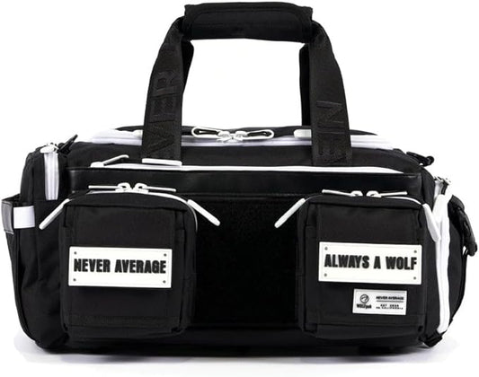 WOLFpak 20L Mini Duffle Bag for Gym & Travel | Waterproof Carry-On Weekender Bag with Shoe Compartment, Hard Bottom, and Tactical Molle System (Black with White Accents)