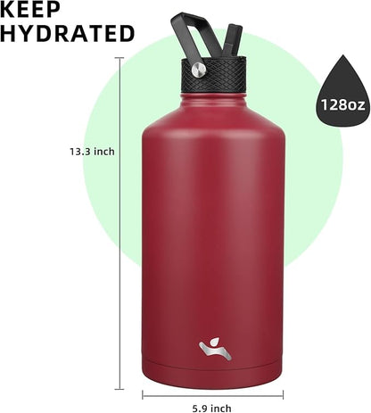 Gallon Insulated Water Bottle with Straw,128 oz 3 Lids Water Jug with Carrying Bag,Paracord Handle, Double Wall Vacuum Stainless Steel Metal Flask,Dark Red
