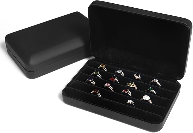 Jewelry Ring organizer Box, Portable Small Storage Display Case, Fashion Jewelry Tray Holder Showcase, Ring Boxes for Multiple Rings Fits for Travel or Home Organizers (Black Big)