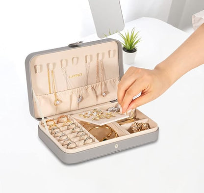 LANDICI Small Jewelry Box for Women Girls, PU Leather Travel Jewelry Case, Portable Jewelry Organizer Storage Holder Display for Ring Earrings Necklace Bracelet Bangle Men Kids Gift, Grey
