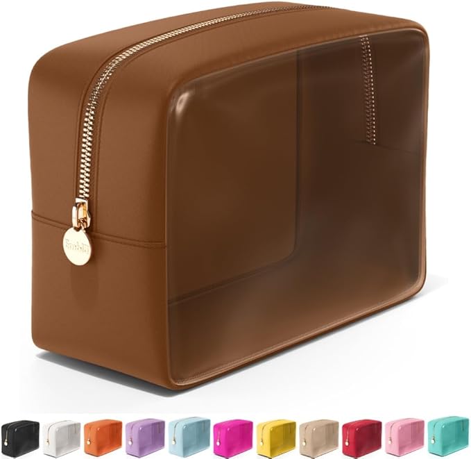 Embla Clear Cosmetic Bag Makeup Case, Clear Zipper Make Up Pouch and Toiletry Travel Tote, Cute Skincare Pouches for Women Girls, Preppy Purse Cosmetic Organizer, Large Makeup Bags, Chocolate